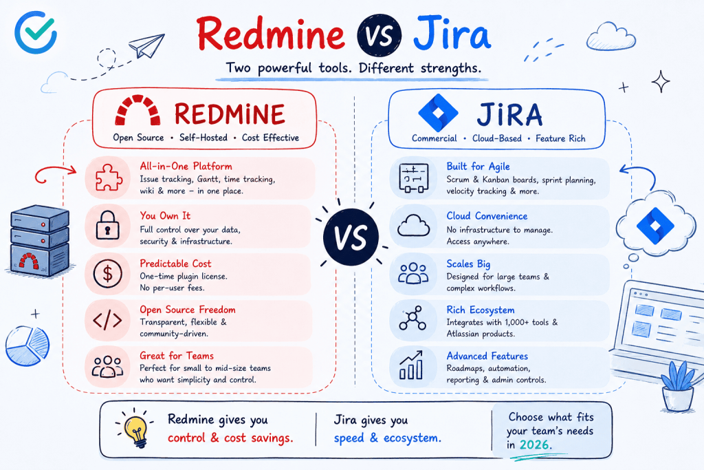 Infographic comparing Redmine and Jira project management tools, showing differences in pricing, hosting, scalability, agile features, and team suitability for 2026.
