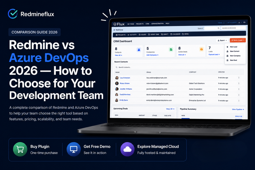 Redmine vs Azure DevOps 2026 comparison guide for development teams evaluating project management, Agile planning, CI/CD, and issue tracking solutions.
