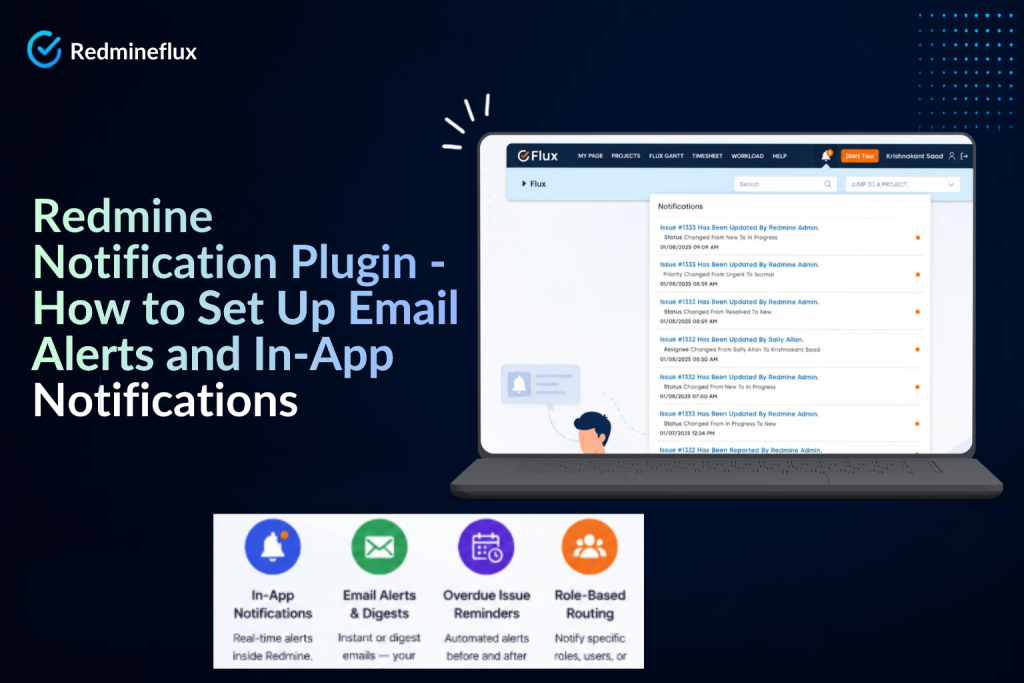 Redmine Notification Plugin dashboard showing configurable email alerts, in-app notifications, role-based notifications, and notification management in Redmine.