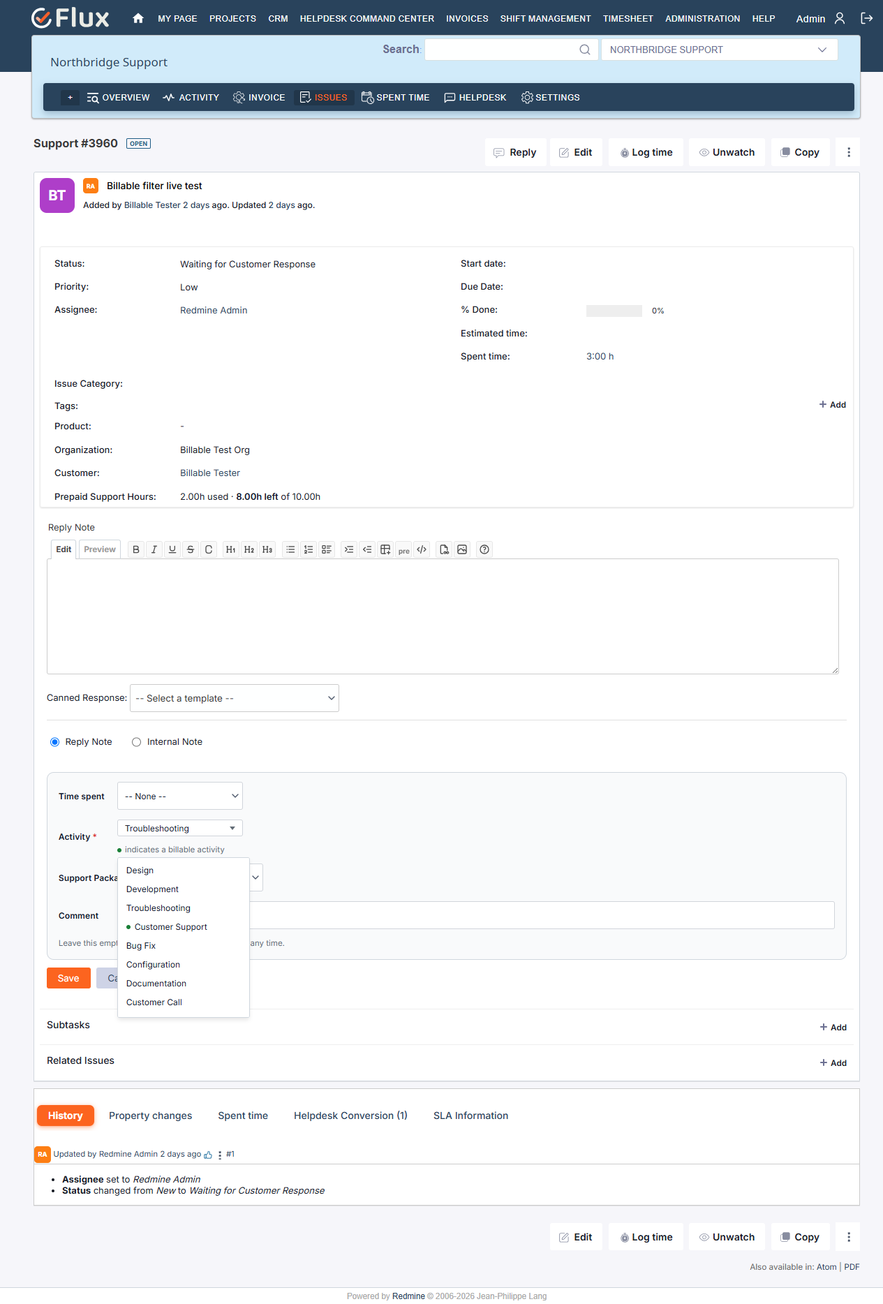 Reply box Activity dropdown showing a billable activity marked with a green dot