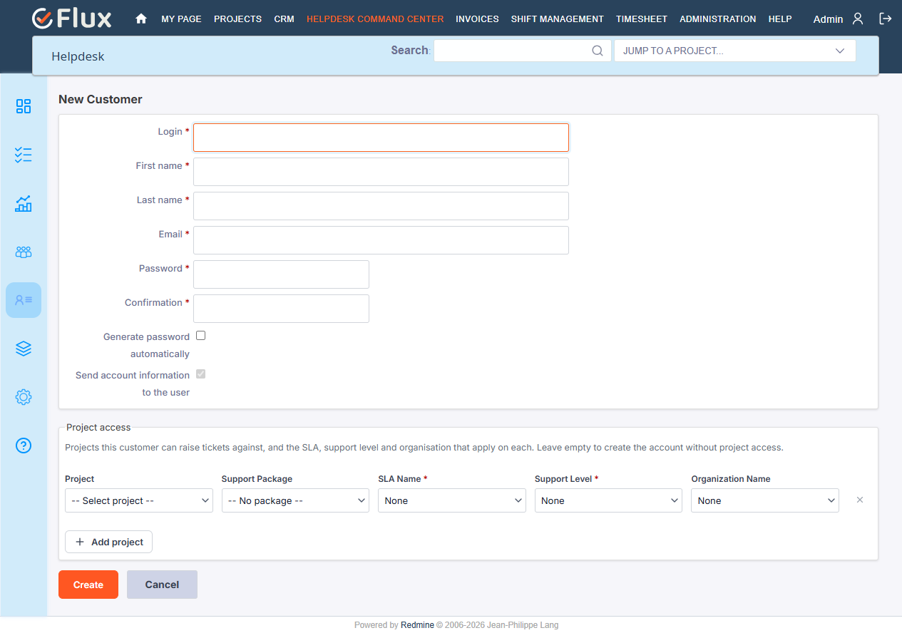 New Customer form with account fields and a Project Access section