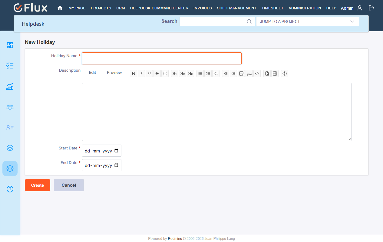 New Holiday form with Name, Start Date, End Date and Description fields