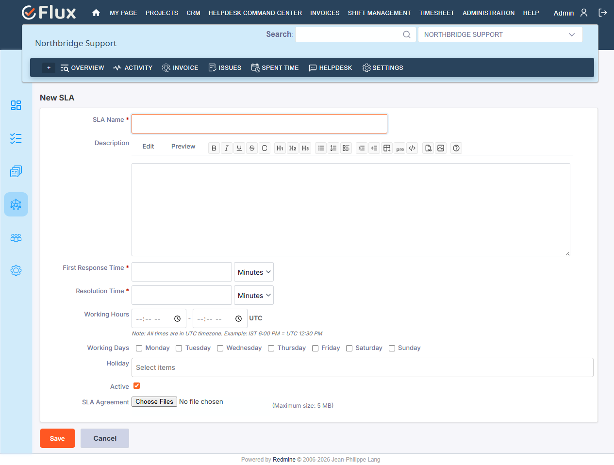 New SLA form with response/resolution time, working hours, working days and holidays fields