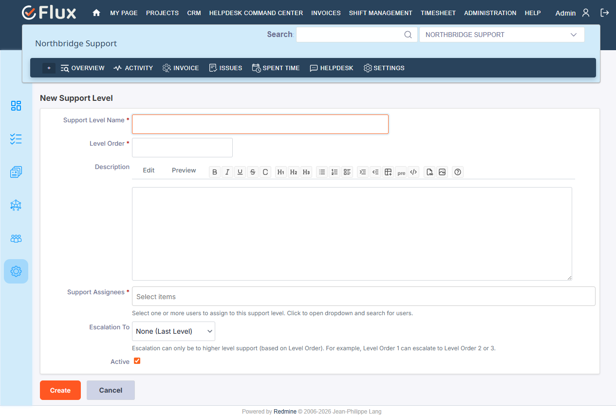 New Support Level form with Name, Level Order, Support Assignees and Escalation To fields