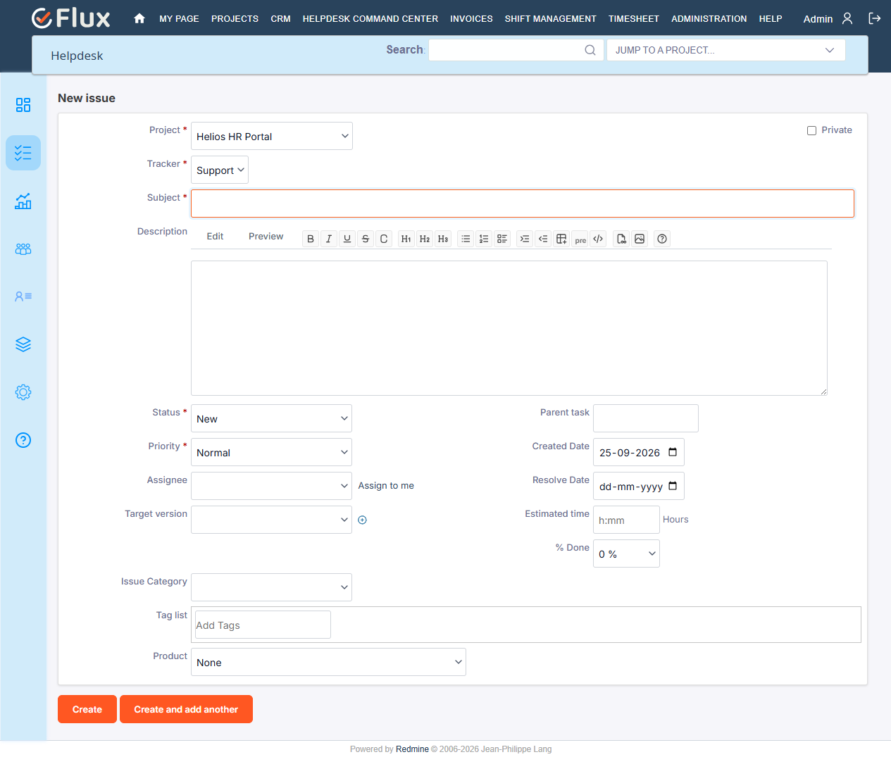 New helpdesk ticket form with Subject, Description, Priority and Product fields