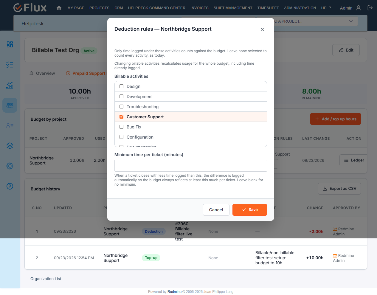 Deduction rules modal, showing billable activities checklist with green dots and a minimum-minutes field