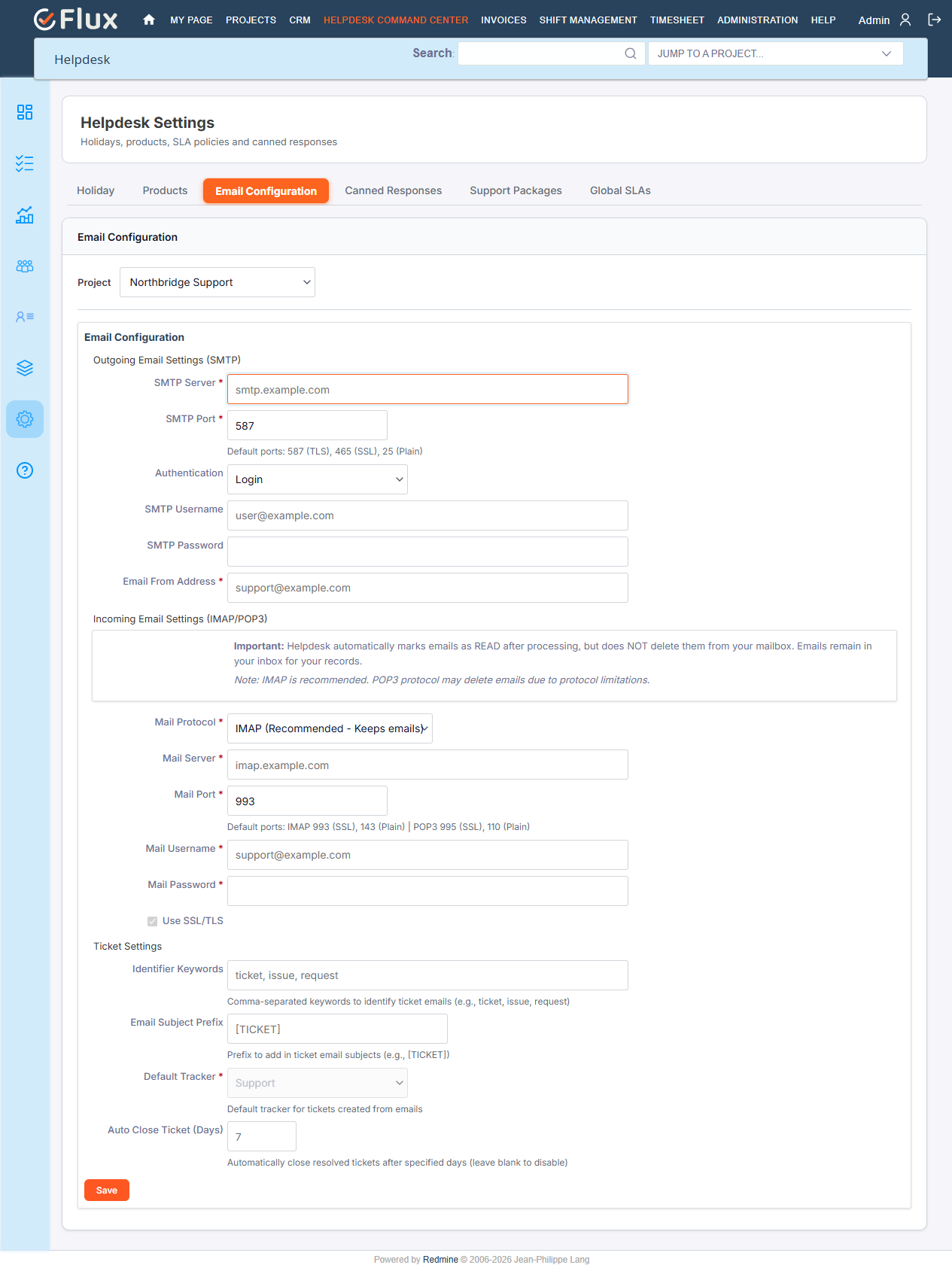 Helpdesk email configuration form, showing outgoing, incoming, and ticket settings sections
