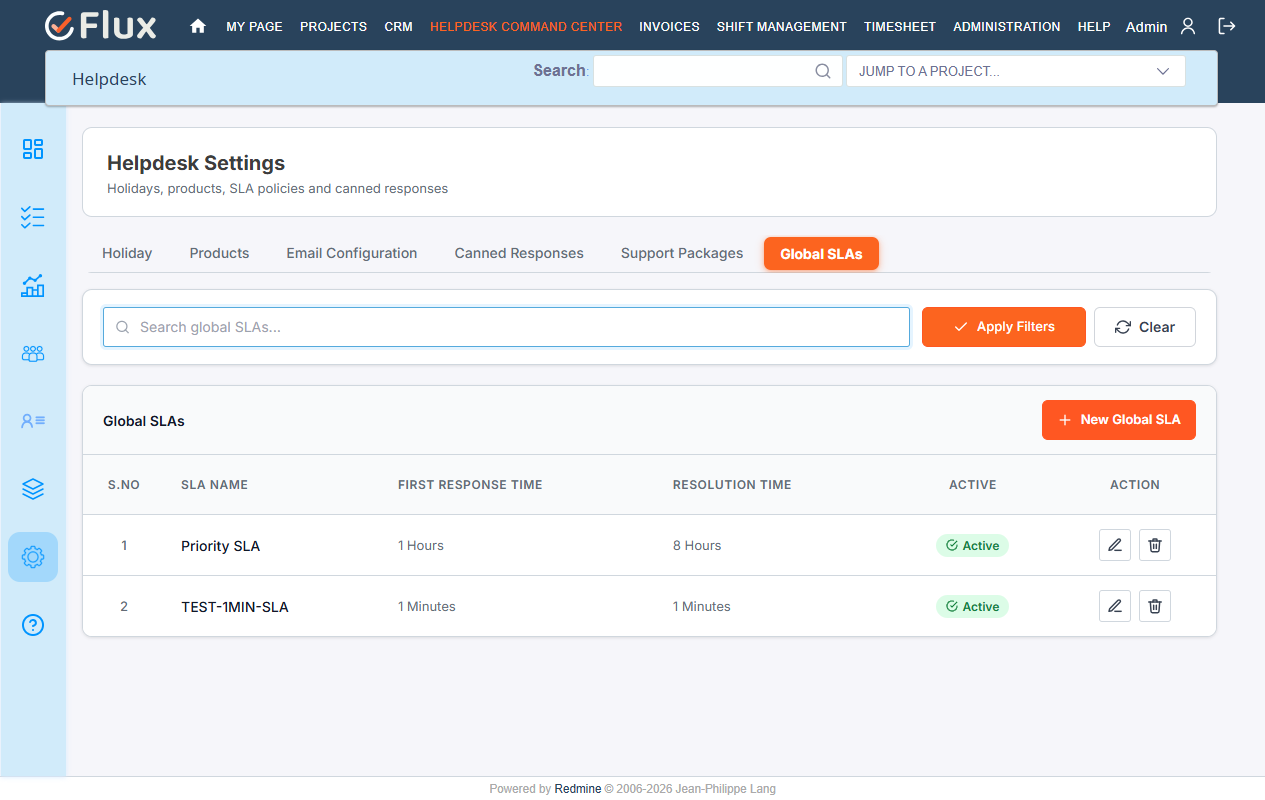 Global SLAs tab under Helpdesk Settings, listing SLAs with no project