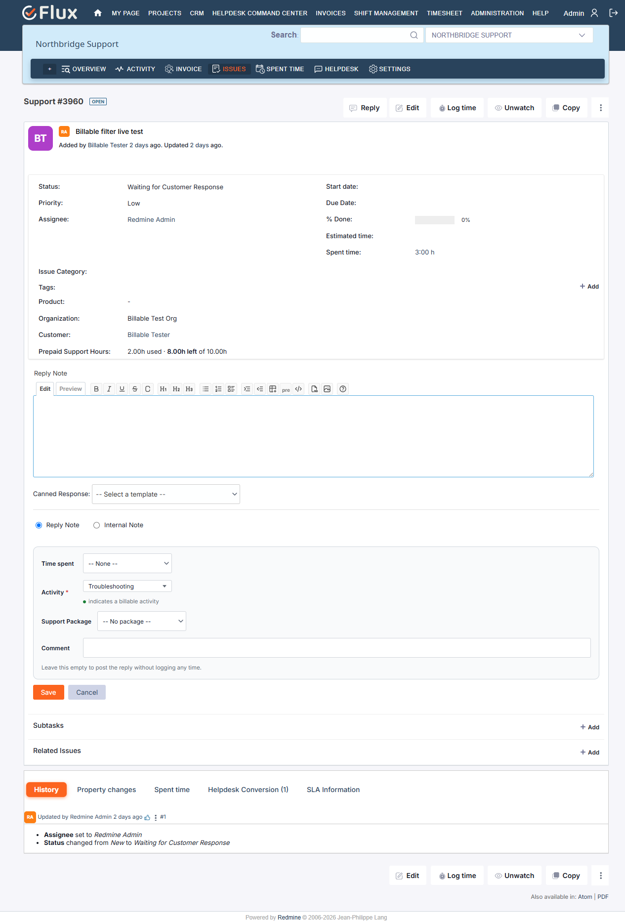 Reply box showing Reply Note and Internal Note radio buttons