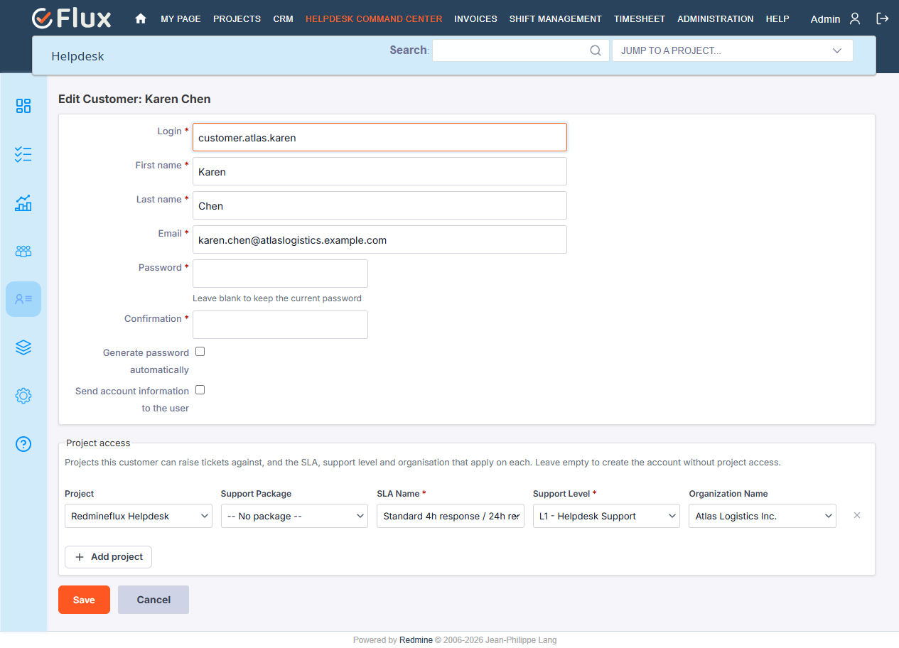 Customer Project Access row with a Support Package selected, SLA field auto-filled and locked