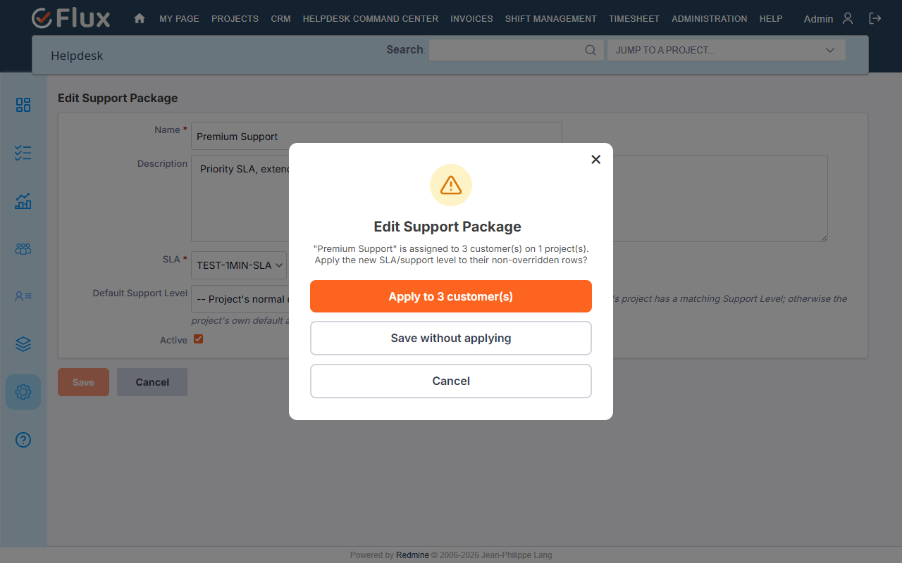 Confirmation popup asking whether to apply a package's new SLA to its assigned customers