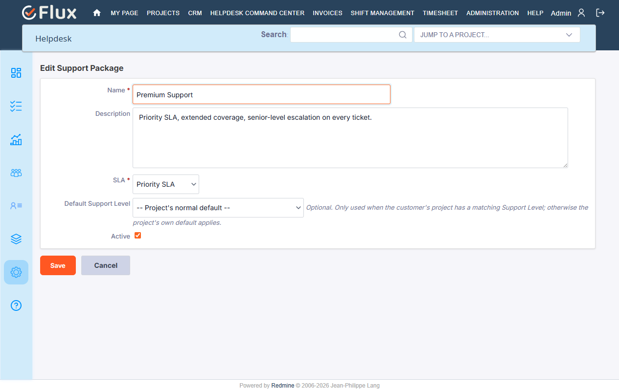 Support Package edit form showing SLA and Default Support Level fields
