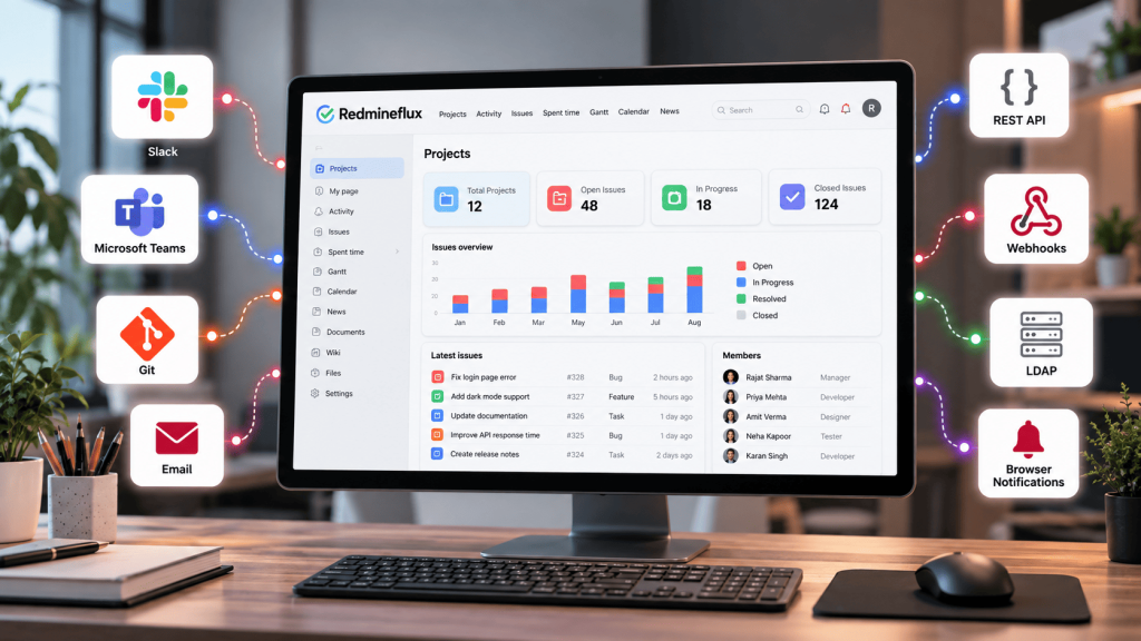 Redmine Integrations: Slack, Teams, Webhooks & API (2026)