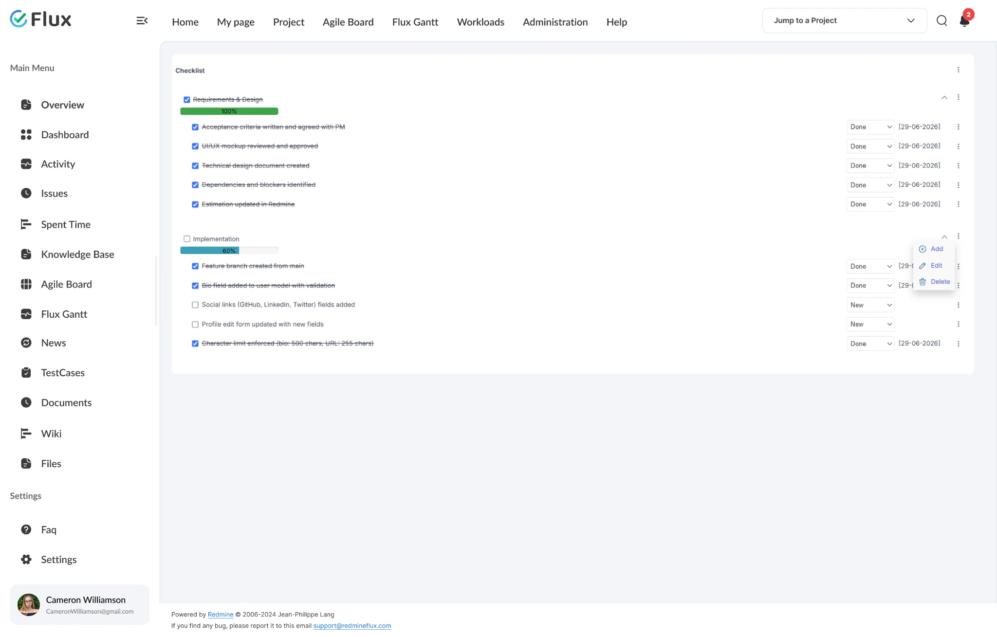 Checklist inside a Redmine issue