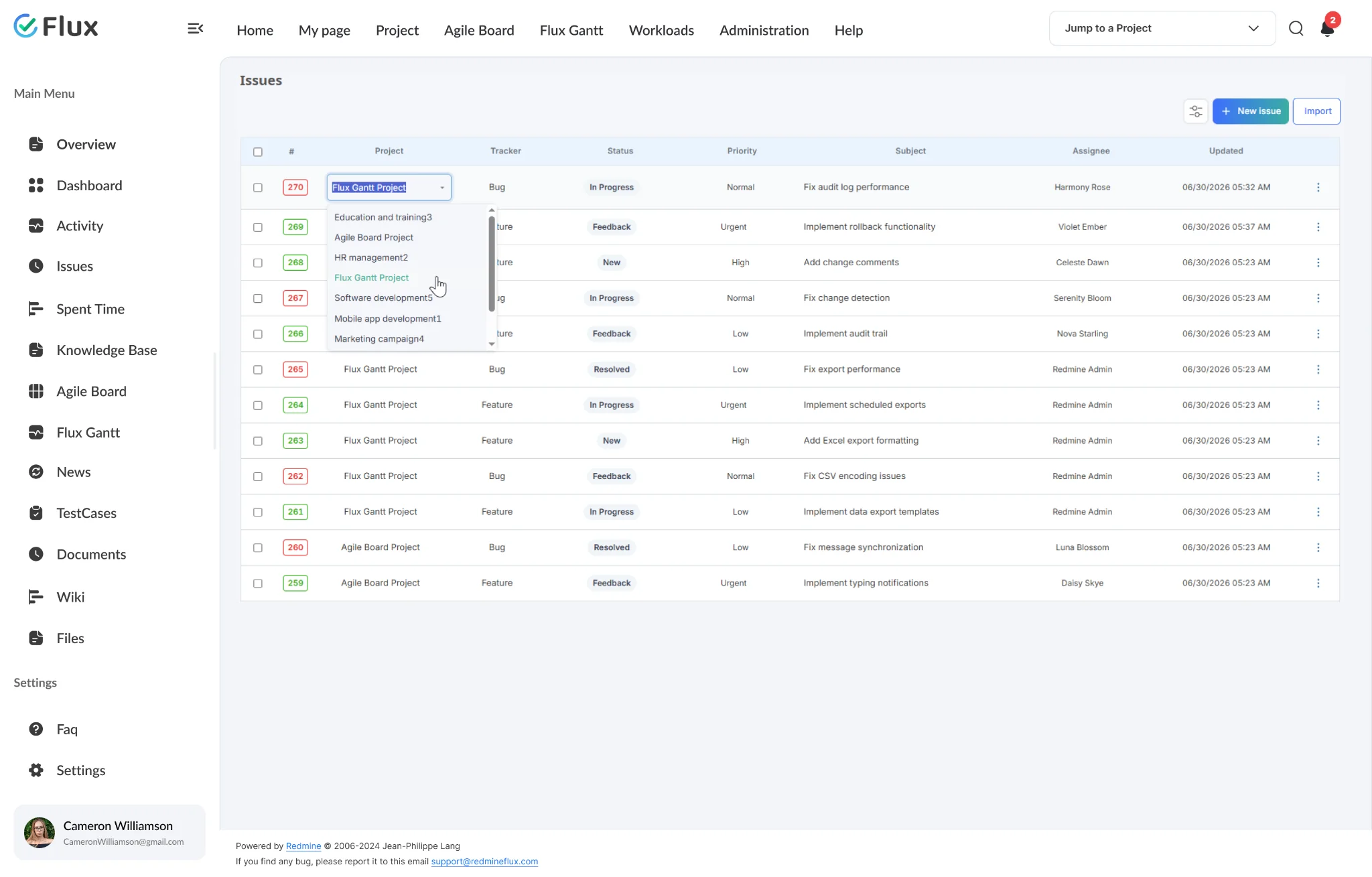Inline Editor - issue list with inline status dropdown active